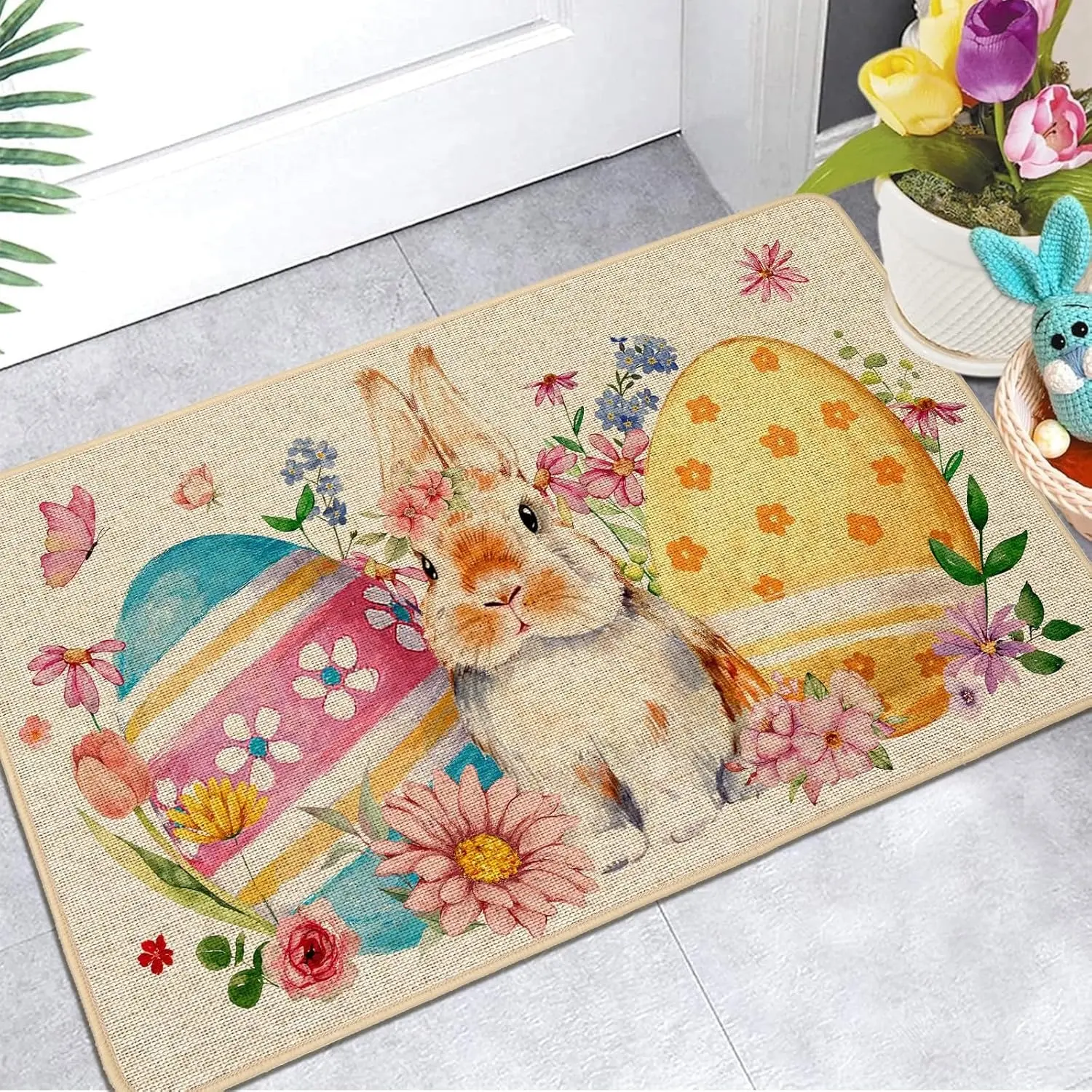 Watercolor Bunny Rug, Colorful Front Porch Mat, Floral Area Rug, Spring Garden Style Welcome Rug, Rabbit Egg Floral Pattern, Welcome to the Easter Country Style floor mats, Soft comfortable and washable, for doorways, rooms, and entrances, an Easter gift