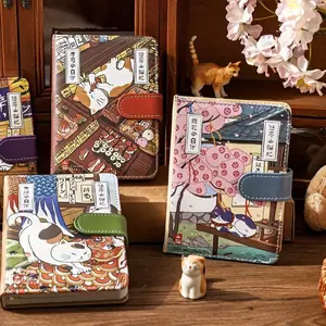 PU Magnetic Closure Notebook, 224 Pages Color Inner Pages, Cute Japanese Cat Hand-Drawn Illustration Diary, Full-Color Journal with Durable Cover and Comfortable Touch