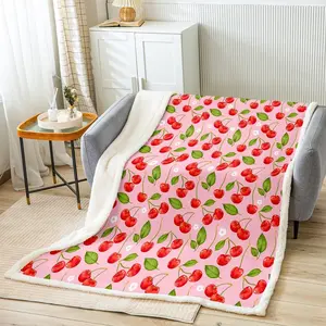 Cherry Fleece Throw Blanket,Tropical Fruit Print Plush Blanket for Bed Sofa Couch,Sweet Cherry Print Sherpa Blanket,Floral Print Fuzzy Blanket