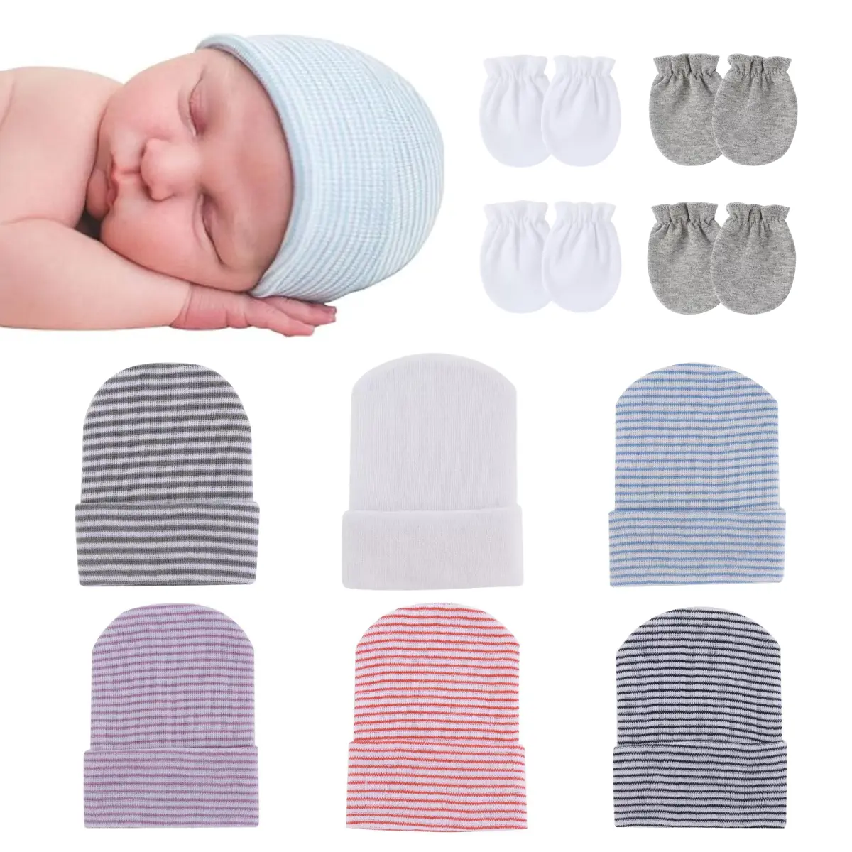 10PCS Newborn Baby Essentials Gift Set, 6 Cotton Beanie Hats with 4 Pairs Anti-Scratch Mittens, Soft Infant Cap & Glove Set for Boys & Girls 0–6 Months