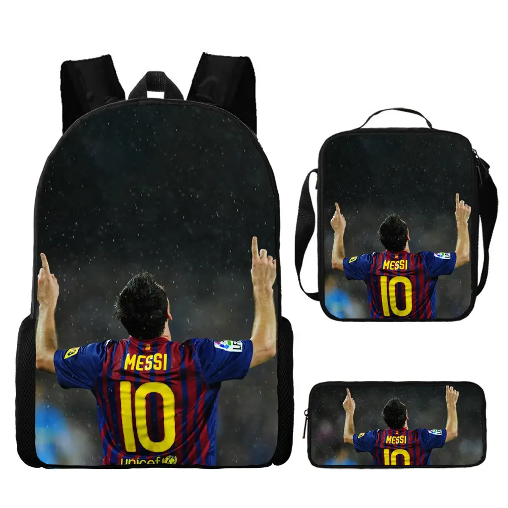 Messi Backpack Set, 3 Piece Backpack Set With Lunch Box Pen Box , High Capacity Bookbag Lunch Bag Pencil Case Workplace Travel