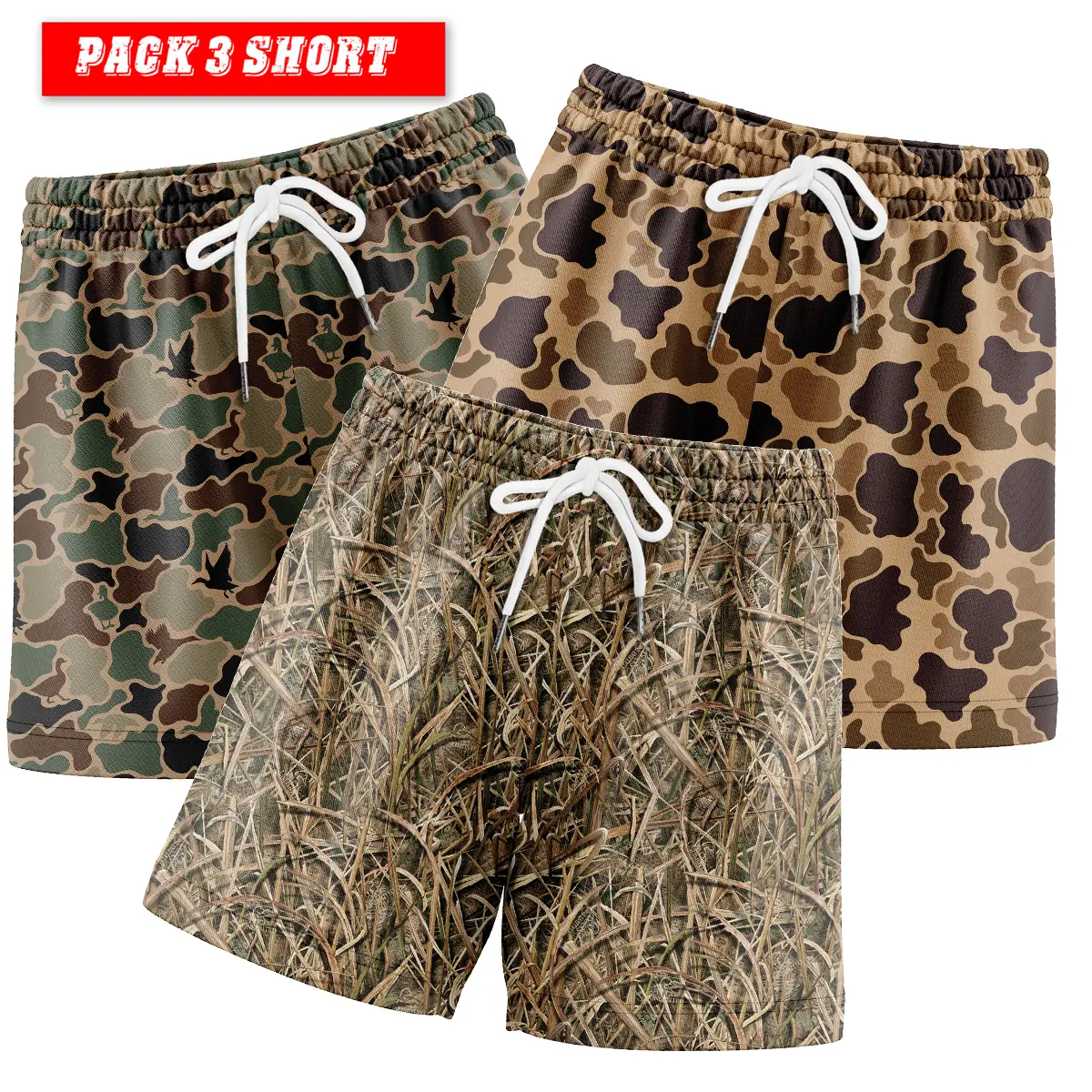 Pack 3 Camo Duck Hunting Shorts With 5 Inch Inseam, Perfect for the Gym, Basketball Camo Mesh Short, Gift for him, Gift For Her, Gym Gift