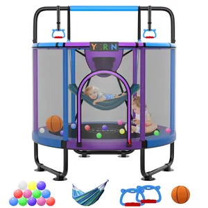 YORIN Trampoline for Kids, 55" 60" 66" Mini Trampoline for Kids, Indoor& Outdoor Baby Toddlers, Trampoline with Enclosure Net , No-Gap Safe Design, Gifts for Boys & Girls Fun Silent Basketball Hoop Neon Adjustable Silicone Ball Set Football Balls
