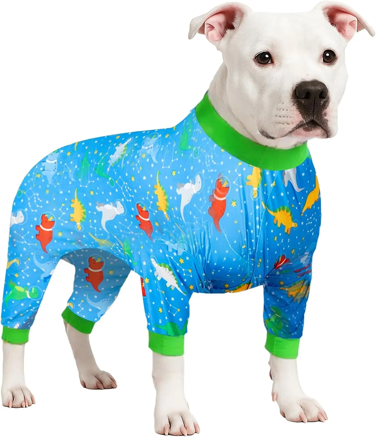 Dog Post Surgery Onesie - Large Dog Pjs, Lightweight Stretchy Fabric, Blue Dinosaur Print, Sun Protection, Pitbull Clothes, Pet Anxiety Relief Shirt, Pet Pajamas for Dogs, Green Blue XXL