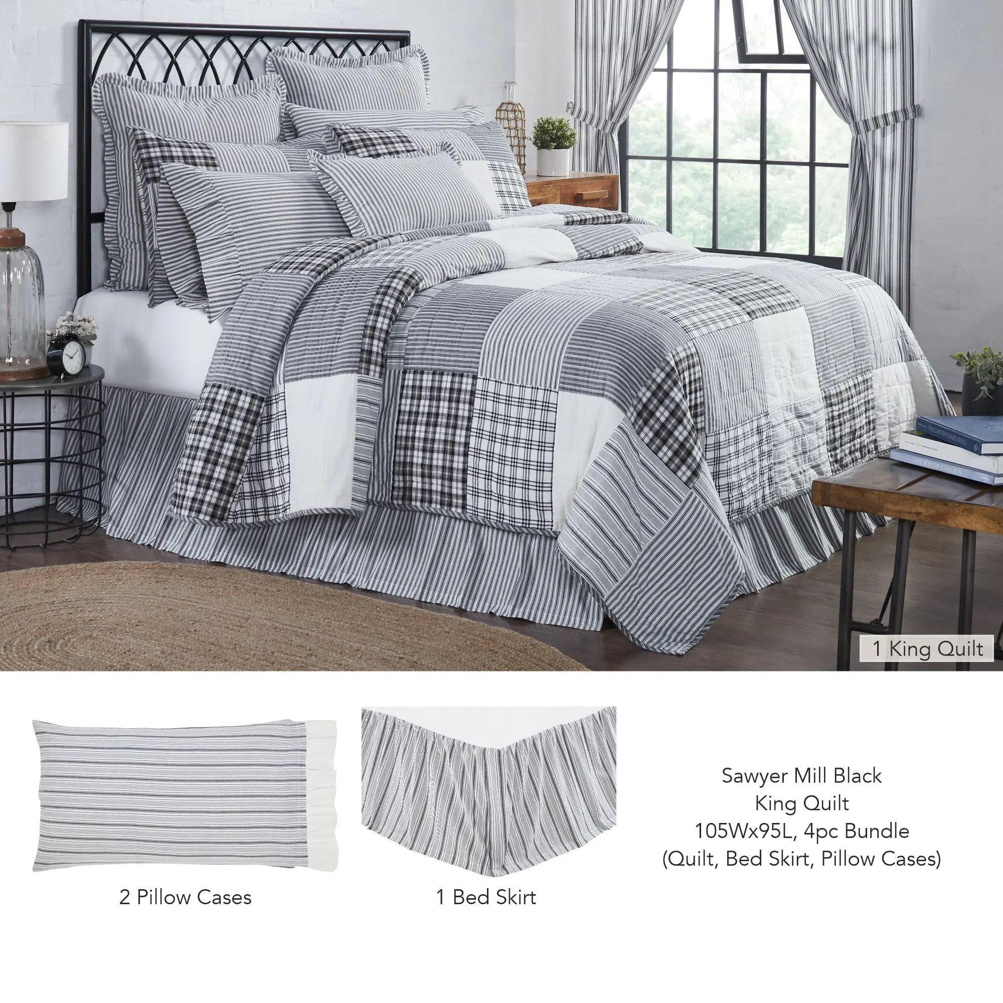 Sawyer Mill Charcoal Patchwork & Stripe Bedding Bundle