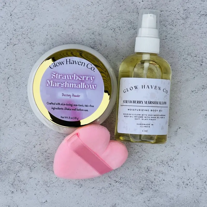 Glow Haven Co. Strawberry Marshmallow Body Oil + Dusting Powder Set | Sweet Strawberry & Fluffy Marshmallow Scent | Long-Lasting Gourmand Bundle Shea Fragrance