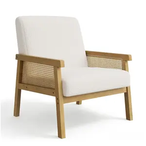 Garvee Mid Century Boucle Fabric Accent Chair, Rattan Armchair with Wooden Armrest and Legs, Modern Lounge Chair for Living Room/Bedroom/Reading Room/Waiting Room, Ivory