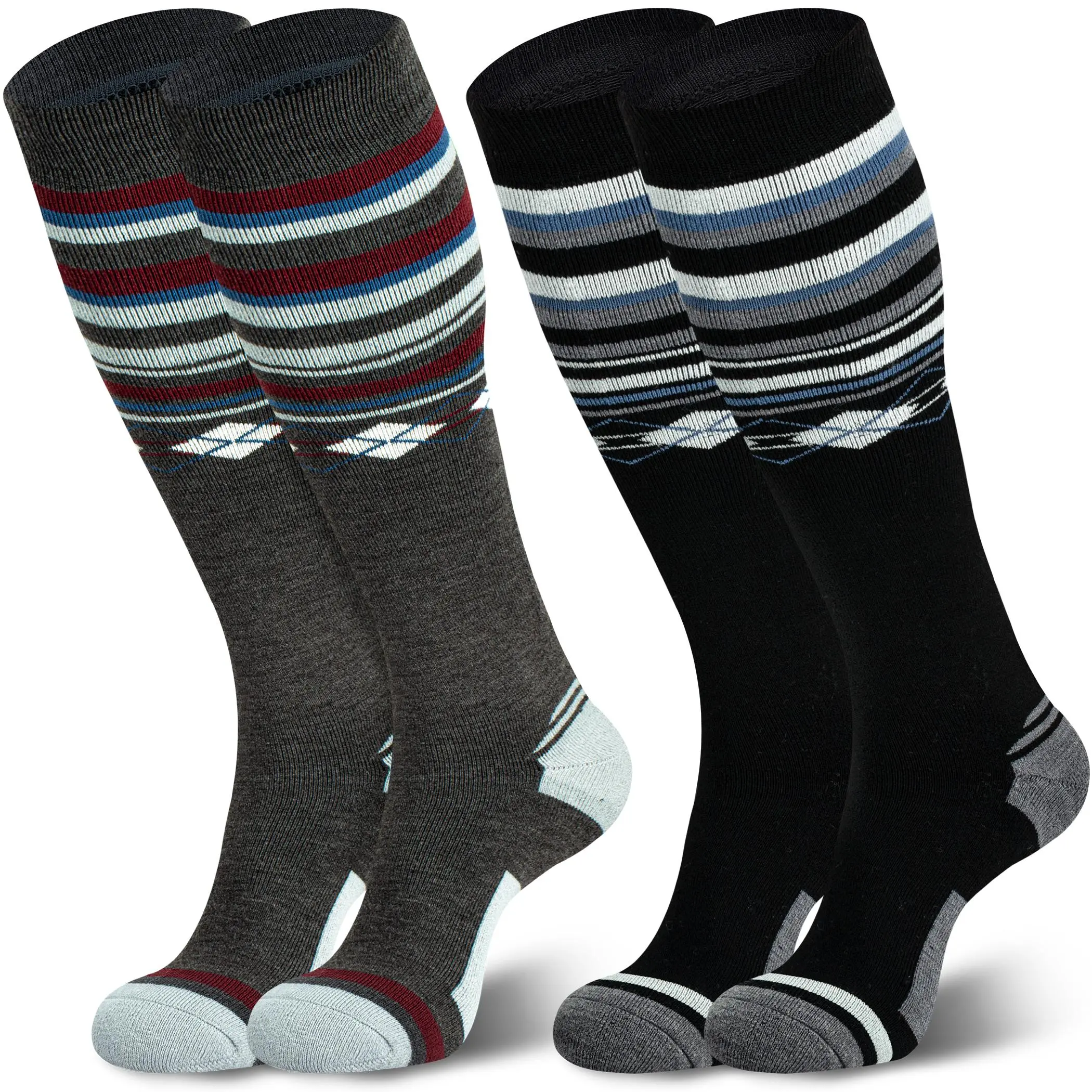 2 Pairs Unisex Thermal Wool Ski Socks, Heavy-Duty Knee-High Boot Socks for Winter Sports, Gray & Black, Grey Socks