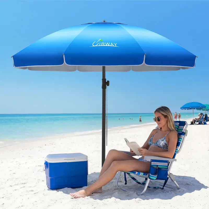 UIRWAY 7.5/8.5 FT Sturdy Beach Patio Umbrella, Stable Heavy Duty Windproof Model with Sand Anchor, Tiltable Pole Manual Tilt, UPF 50+ PU Silver Coating Sun Protection, Portable with Carrying Bag (Soften Harsh Light, Cooler & More Comfortable)