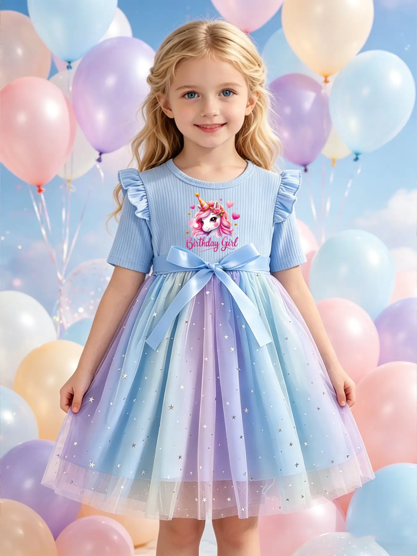 Birthday Girls Unicorn Skirt, Summer Dreamy Rainbow Dress, Kids Sleeveless Mesh Tutu, Birthday Gown, Performance Wear, Festival, Summer Dresses, Girlly Summer Clothes, 3-10 Years