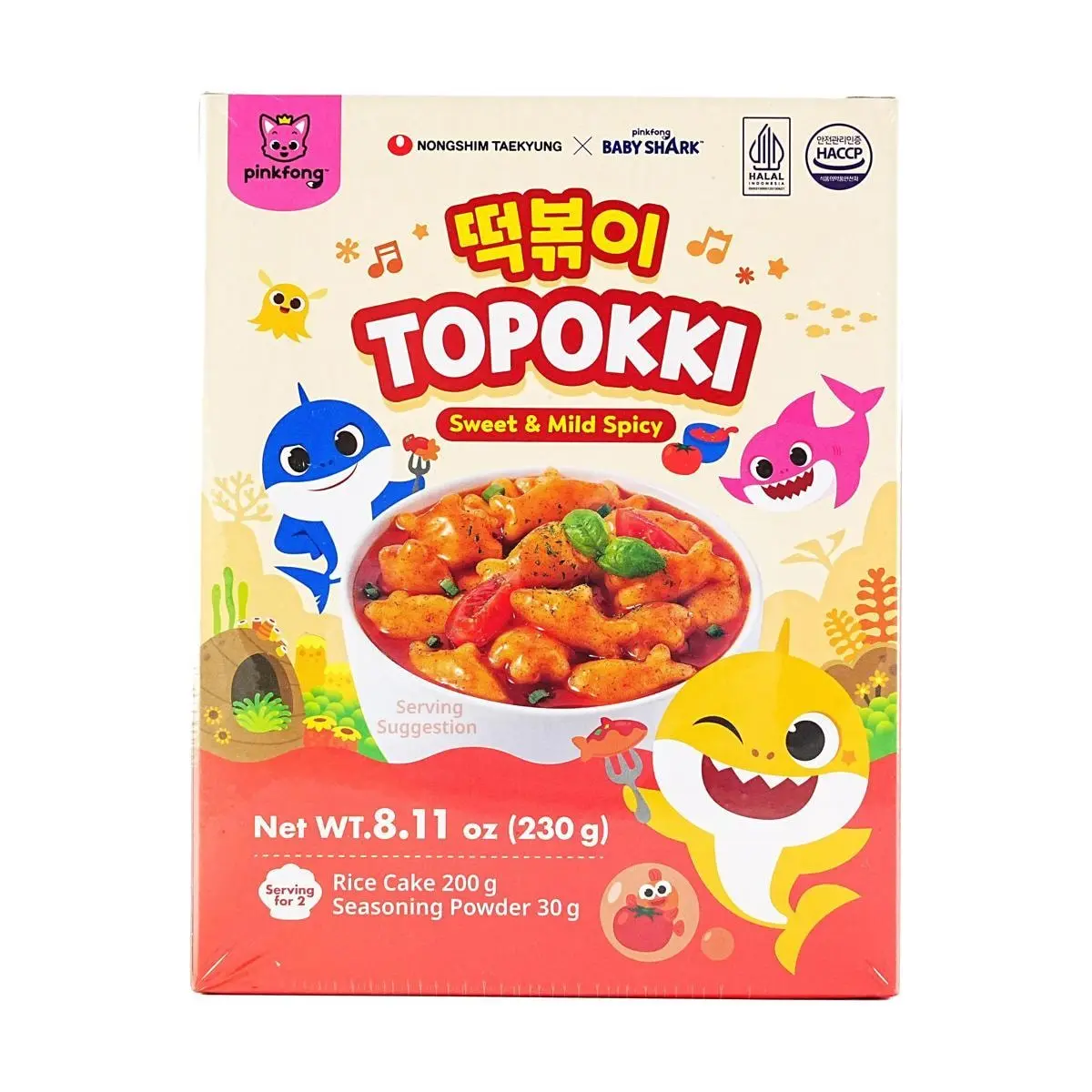 Nongshim x Pinkfong Baby Shark Korean Tteokbokki, Mild Sweet & Spicy Rice Cakes, 2 Servings (230g) - Limited Edition Collaboration Pack with Ocean Animal Shapes