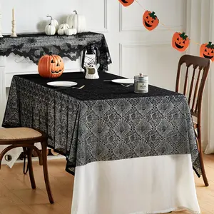 Halloween Themed Lace Tablecloth, 1 Count Decorative Table Cover, Halloween Decor Table Supplies for Home Kitchen Dining Room Party