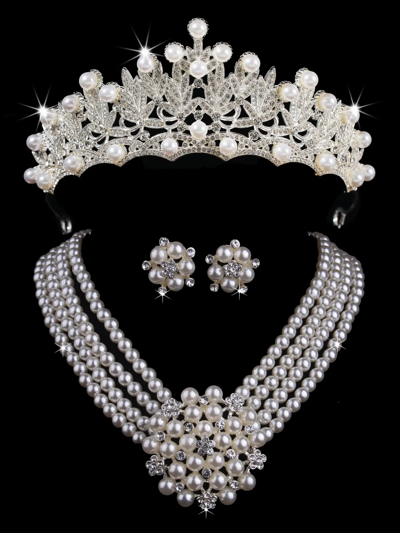 A set of classic and atmospheric pearl crowns, luxurious necklaces, and earrings for female brides, Bridal Set consisting of 4 wedding jewelry sets. Wedding dress accessories are also suitable for wedding parties, dances, and parties, Bridal Accessory
