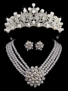 A set of classic and atmospheric pearl crowns, luxurious necklaces, and earrings for female brides, Bridal Set consisting of 4 wedding jewelry sets. Wedding dress accessories are also suitable for wedding parties, dances, and parties, Bridal Accessory