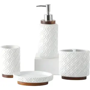 Elegant Bathroom Accessories Set 4 count Ceramic and  Bathroom Accessory Set Soap Dispenser  Holder Tumbler Soap Dish Easy to Clean Quatrefoil  White