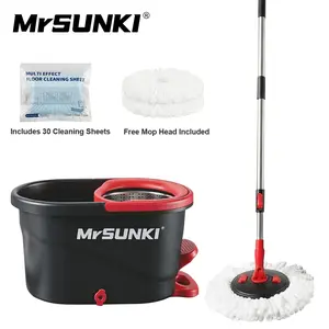 MrSUNKI Bucket Set with Foot Pedal and Spin Mop, 5L Large Capacity Stainless Steel Wringer System, 60" Extendable No-Bending Handle, Hands-Free Mop Head Replacement, Includes 3 Refills & 30 Cleaning Sheets