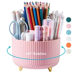 360 Degree Rotating Desk Pen Pencil Holder, 5 Slots Pencil Organizer Desk Organizers and Accessories, Cute Pen Holder for Desk, Pen Organizer Storage for Office School Home Pink