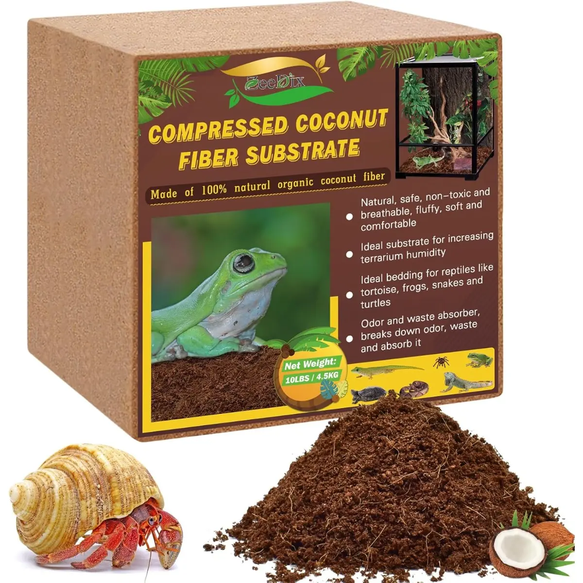 10 LB Compressed Coconut Fiber Substrate, 100% Organic Coco Coir Fiber Brick Husk Substrate Bedding For Reptiles, Geckos, Lizards, Tortoises, Ball Python, Frogs