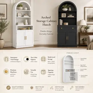 71" Tall Modern Arched Wooden Floor Pantry Cabinet, Kitchen Storage Cabinet with Hidden Drawer & Spacious Countertop, for Living Room, Dining Room
