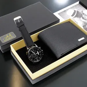 Men's Watch and Wallet Set - Stylish Black Leather Watch with Chronograph and Matching Wallet in Elegant Gift Box