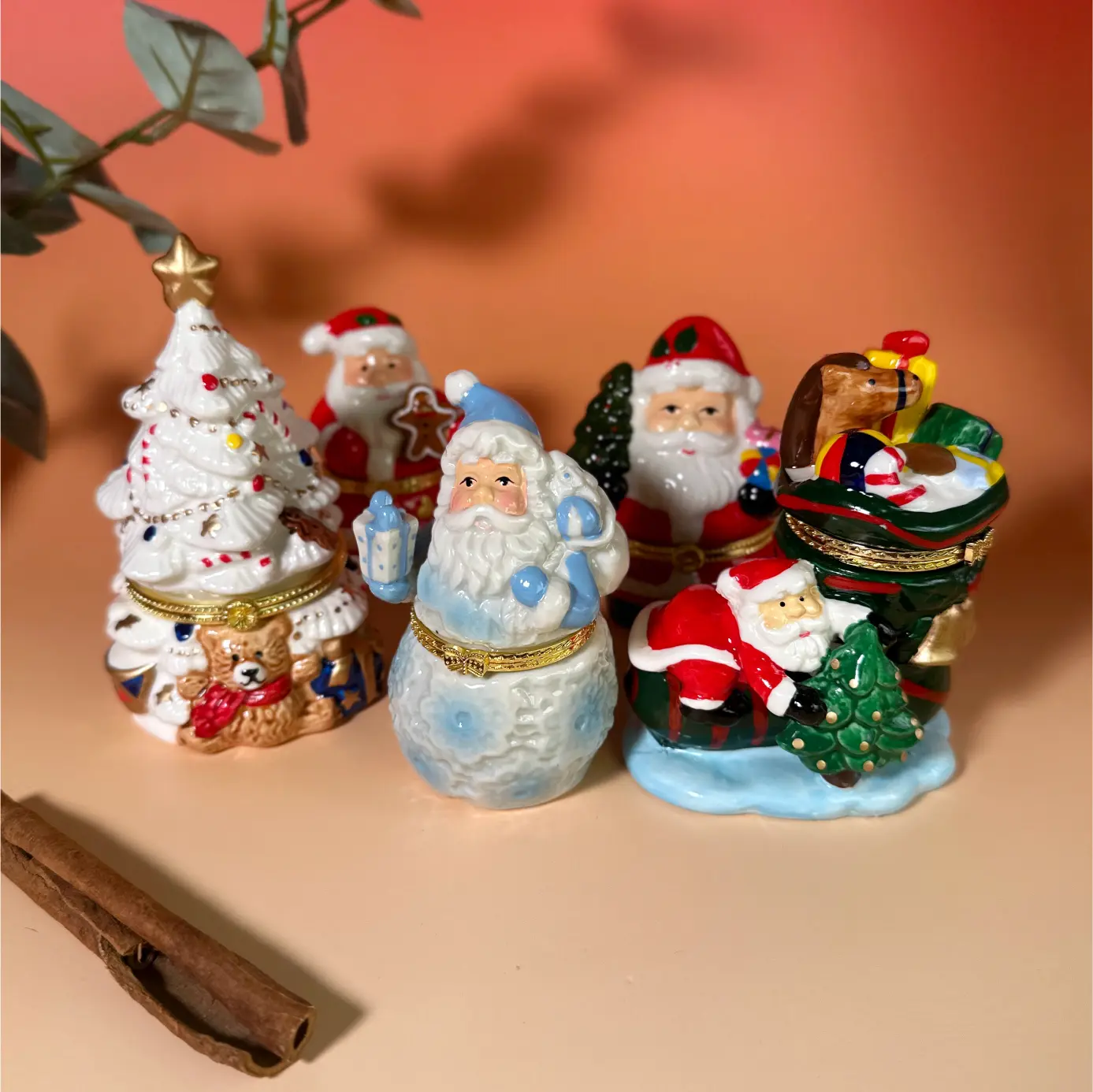 Trinket box Christmas Themed Collection - Hand Painted Porcelain, Cute Vintage Hinged Ceramic Jewelry container.