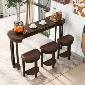 4 Piece Bar Table Set with3 PU Upholstered Bar Stools, Breakfast Table with 3 Padded Stools Solid Wood Counter Height Dining Table Set for Living Room, Dining Room