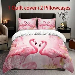 Creative Flamingo Pattern Polyester Bedding Set, Soft Comfortable Home Decor, Includes Duvet Cover and Pillowcases, All Seasons