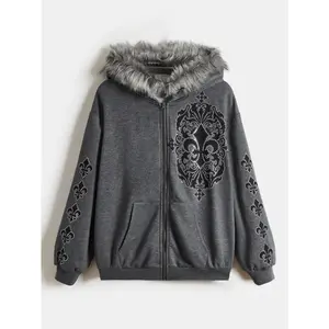 Women’s zip-up hoodie with rhinestone pattern and faux fur long-sleeve sweatshirt jacket with pockets GARMENTARY