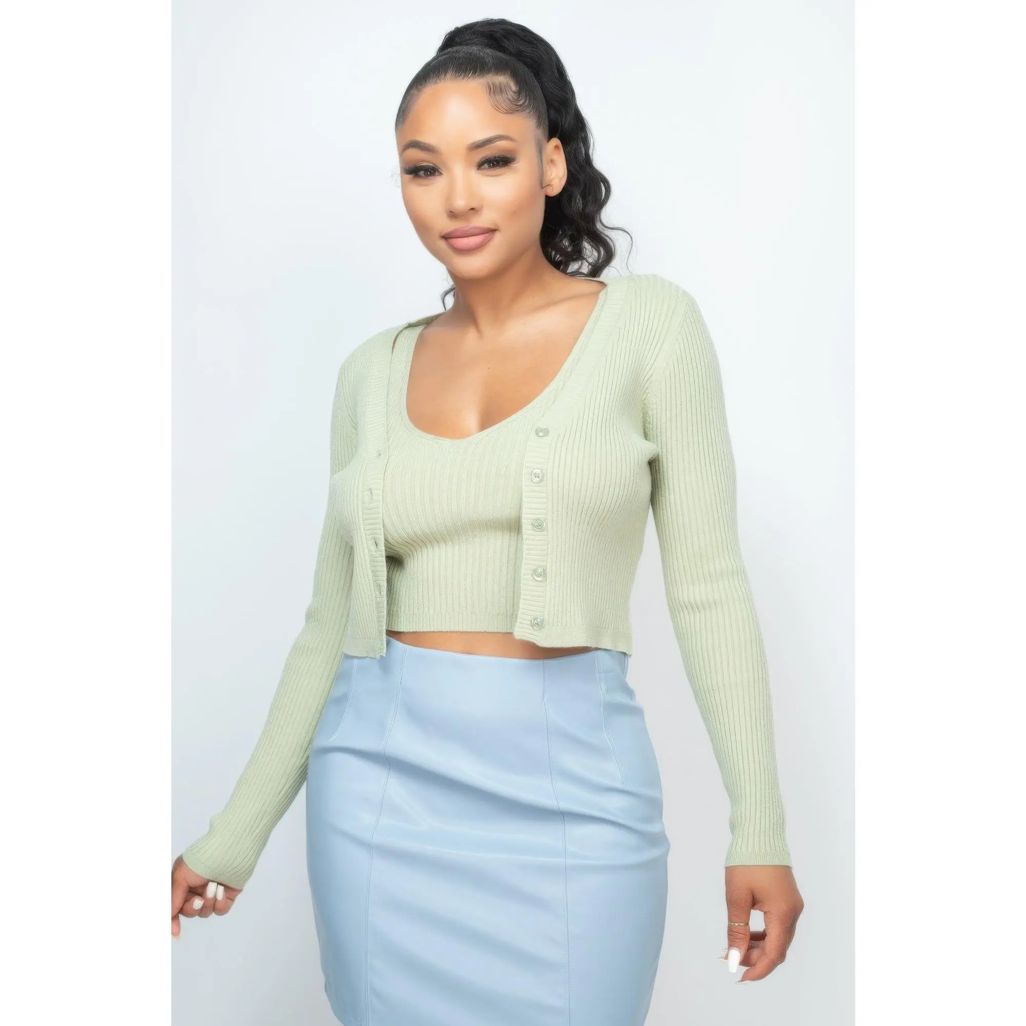 Crop Tank Top & Cardigan Sweater Set - Casual Ribbed Knit, Long Sleeve, Button Front, Slim Fit, Summer Wear, Soft Stretch Fabric, Two-Piece Set for Layering or Solo Wear