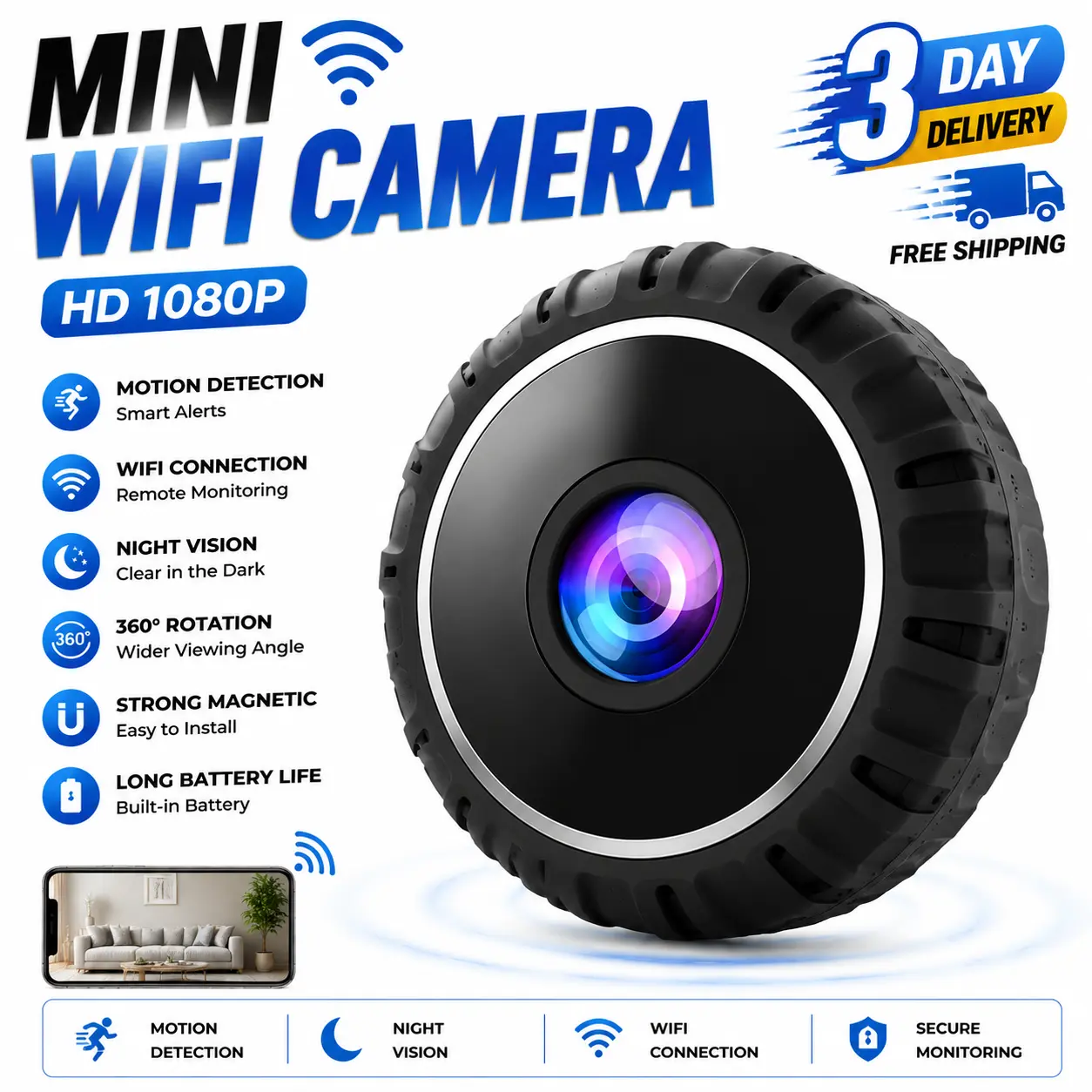 1PCS ABS Wireless WiFi Smart Home Security Camera - Rechargeable 200mAh Lithium Polymer Battery, APP Remote Viewing, Charging Function, Indoor & Office Use