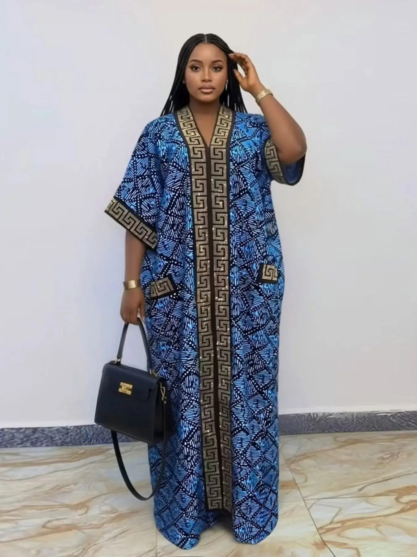 Plus Size African-Style Kaftan Dress for Women, Geometric Print Ethnic Loose V-Neck Boubou with Pockets for Casual Boho Chic Party Wear, Comfortable and Stylish, Boho Dresses