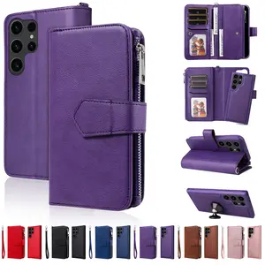 Detachable Magnetic Leather Wallet Case for Samsung S25 A73 5G Note20 Ultra 23, Zipper Card Holder Flip Cover