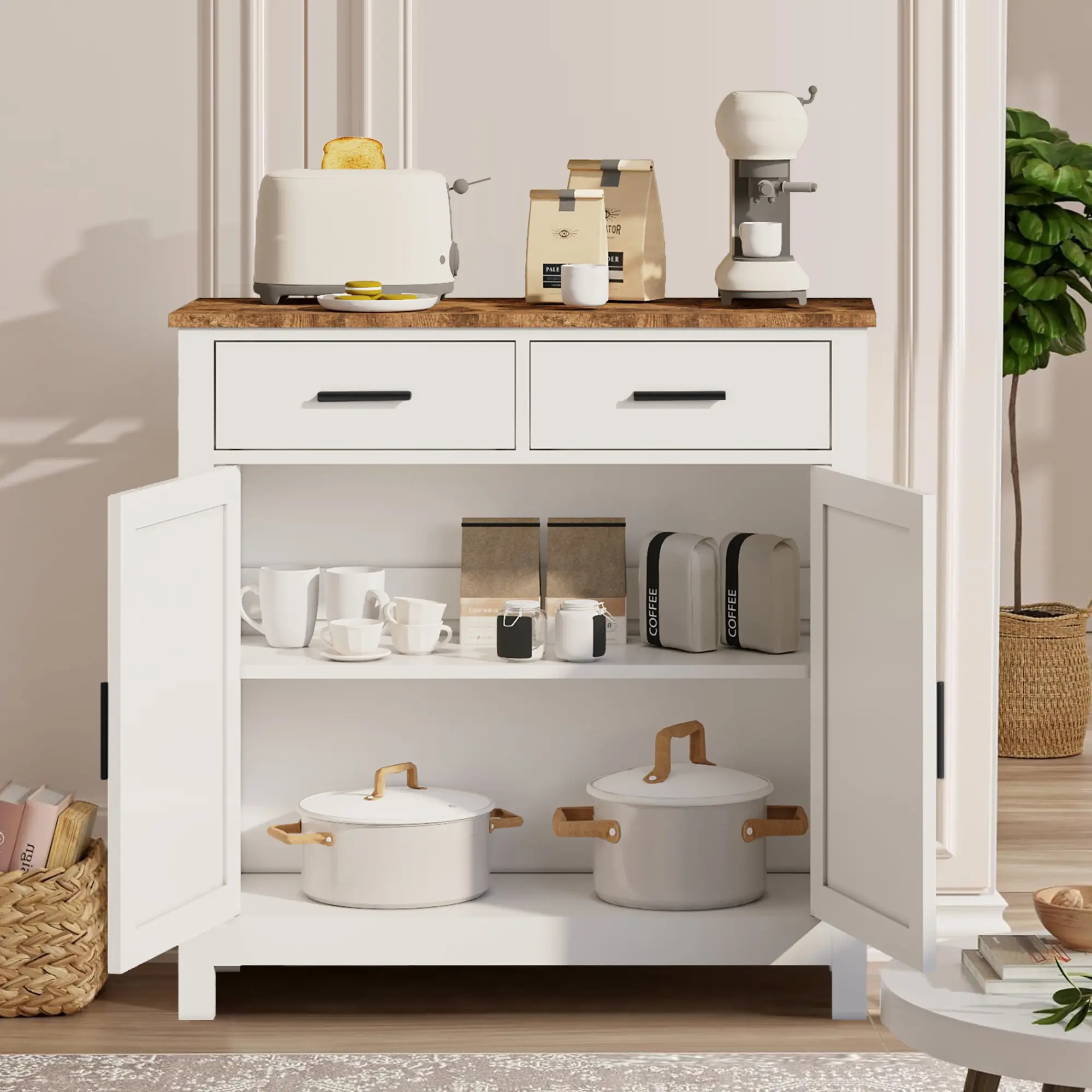 Kitchen Storage Cabinet, Modern Farmhouse Buffet Cabinet with Storage, Coffee Bar with 2 Drawers and 2 Doors, Floor Sideboard Buffet for Living Room, Dining Room, Bathroom