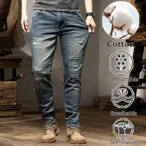 Vintage Blue High-Cotton Slim-Fit Jeans | Distressed Streetwear Denim