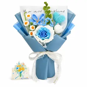 Handmade Crochet Rose Flowers Bouquet Collection Gift for Girlfriend Birthday Wedding Anniversary Just Because Gift with Multi Color Roses Lily Tulip Forever Flowers for Her with Greeting Card US Fast Shipping Romantic Home Decor Women's Gift