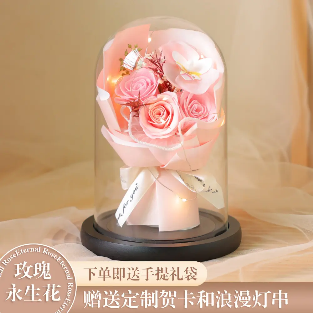 Preserved Rose Glass Dome, Pink Rose & Orchid, LED Light, Gift Bag & Card Included