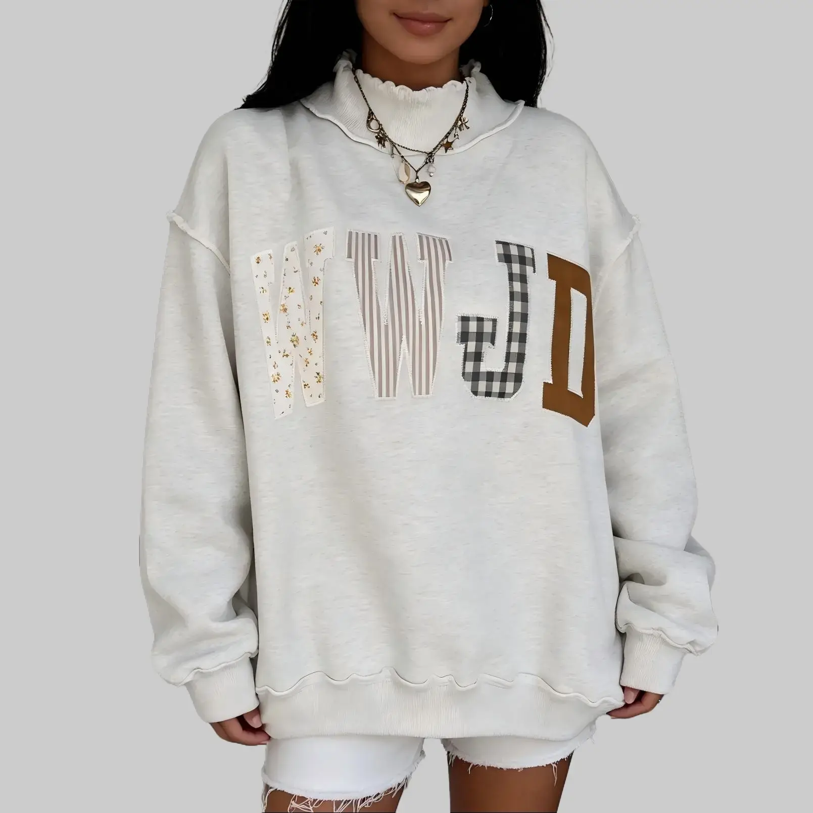 S-4X Back To School 50%Cotton Women's Mock Neck Sweatshirt with Coffee, WWJD, Striped & Mixed Pattern Embroidered Patches,crewneck sweatshirt，vale hoodie，women's tops，western tops，cozy tour apparel，alchemai hoodie，fight racism sweatshirt，hoodies women