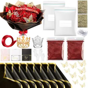 Valentine Glitter Roses Bouquet (exclude Rose & Glue) DIY Roses with Glitter Powder Flower Wrapping Paper Letter Stickers Bags for Mothers Day Birthday Wedding Graduation Xmas Gifts(Red)
