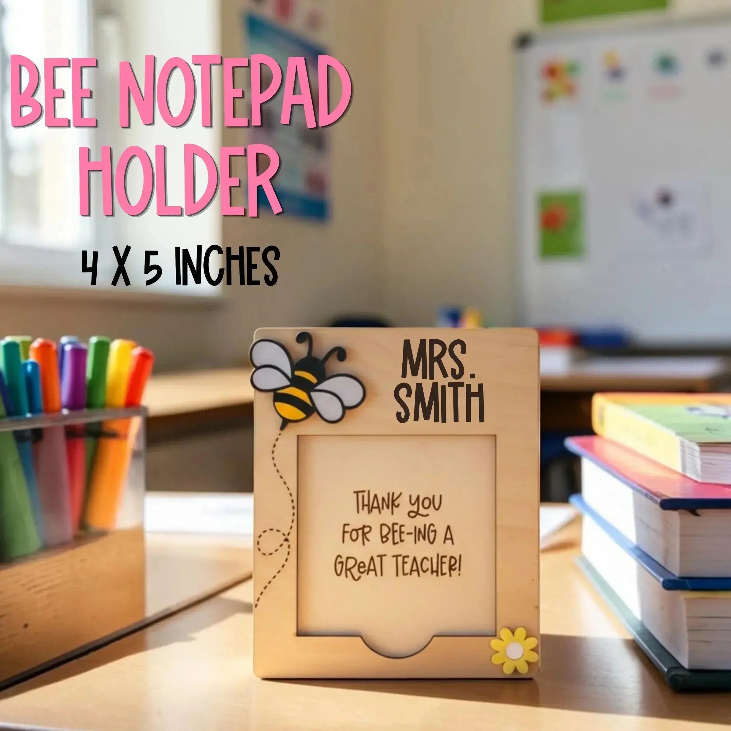 Personalized Laser-Cut Wood Bee Notepad Holder (4x5 in) - Handcrafted White Birch & Acrylic Desk Organizer with Engraved Name, "Bee-lieve in Yourself" Office Accessory, Teacher Appreciation Gift, Desk Accessories, Office Desk Accessories