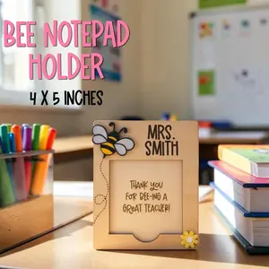 Personalized Laser-Cut Wood Bee Notepad Holder (4x5 in), "Bee-lieve in Yourself" Desk Organizer, Teacher Appreciation Gifts, Handcrafted White Birch & Acrylic Office Accessory with Engraved Name Option outdoorfun