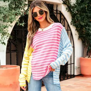 NewWomen’s Color Block Striped Drop Shoulder Dolman Sleeve Slit Sweater 2025 Fall & Winter Outfit