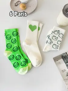 6 Pairs Mixed Series Socks, Cute Smiling Heart and Crocodile Pattern, Mid-Calf Women's Socks, Comfortable and Stylish Footwear