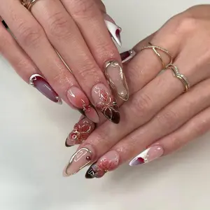 Autumn Press On Nails with 3D Floral and French Tips, 3D Flower Nails, Custom Almond Nails with Tortoise Shell, Brown Tones for Autumn Look.