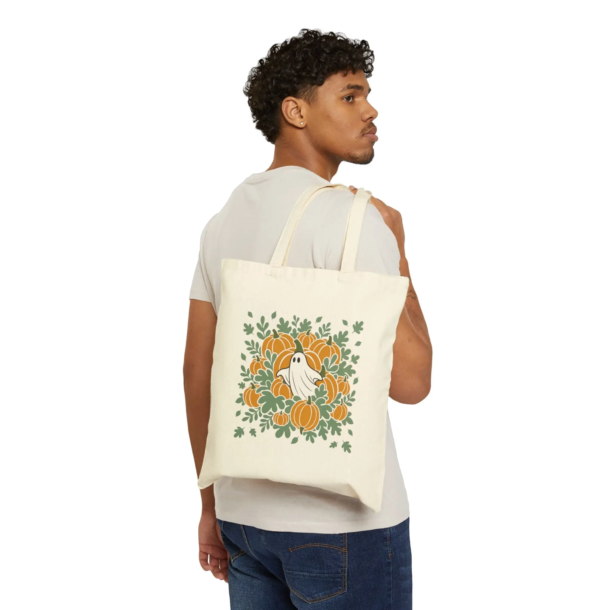 Autumn Ghost & Pumpkins Canvas Tote Bag