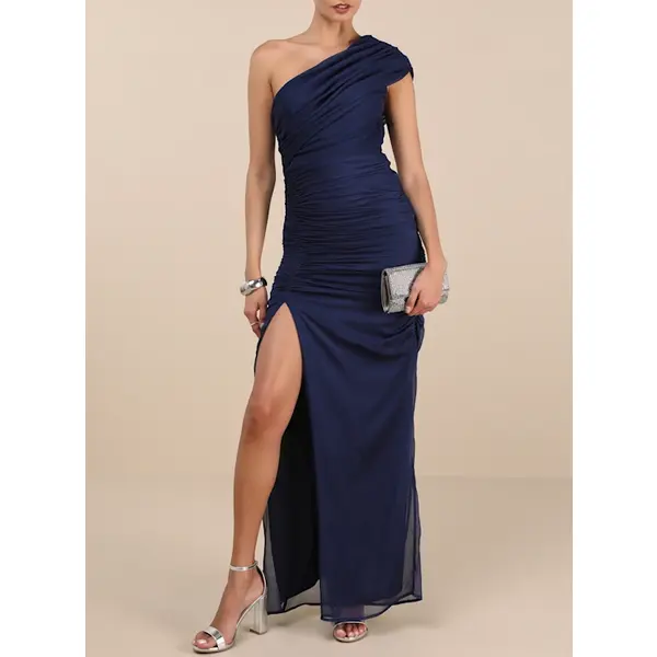 Lulus Kyleah Navy Ruched One-Shoulder Maxi Dress - TikTok Shop