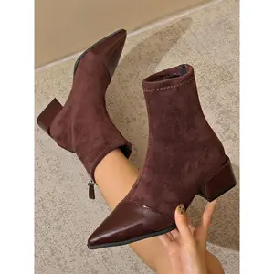 Women’s ankle boots for fall/winter, casual style, elastic slim fit, pointed toe, short booties, above-ankle/below-knee length, rubber sole, textile upper