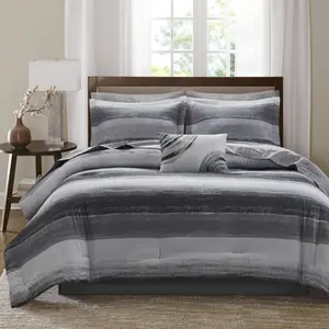 360 stand King Size Anti-Bacterial 9-Piece Microfiber Bedding Set, Casual Modern Style, Cotton Bed Sheets, Watercolor Stripes Printed Surface, Black
