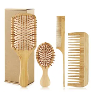 Bamboo Detangling Hair Brush & Comb Set, 4 Counts Natural Handmade Hair Styling Tool for Women & Men, Professional Heatless Styling Tools for Home & Salon Use