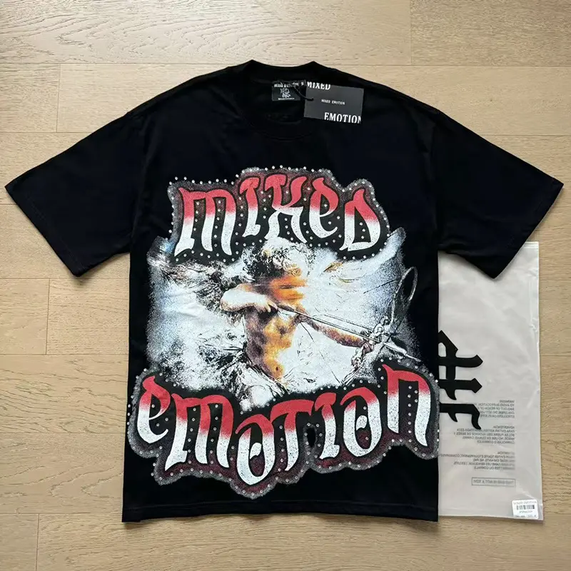 MIXED EMOTION 100% Cotton Certified Rhinestone Cupid Graphic Tee Gothic Letter Back Print Standard Fit T-Shirt