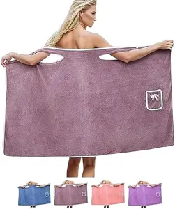 Wearable bath Towel , quick dry bath wraps shower skirt, Women's After Shower Robe ,Off Shoulder Bathrobe Dress,Cute Pocket Design,S Size,Purple